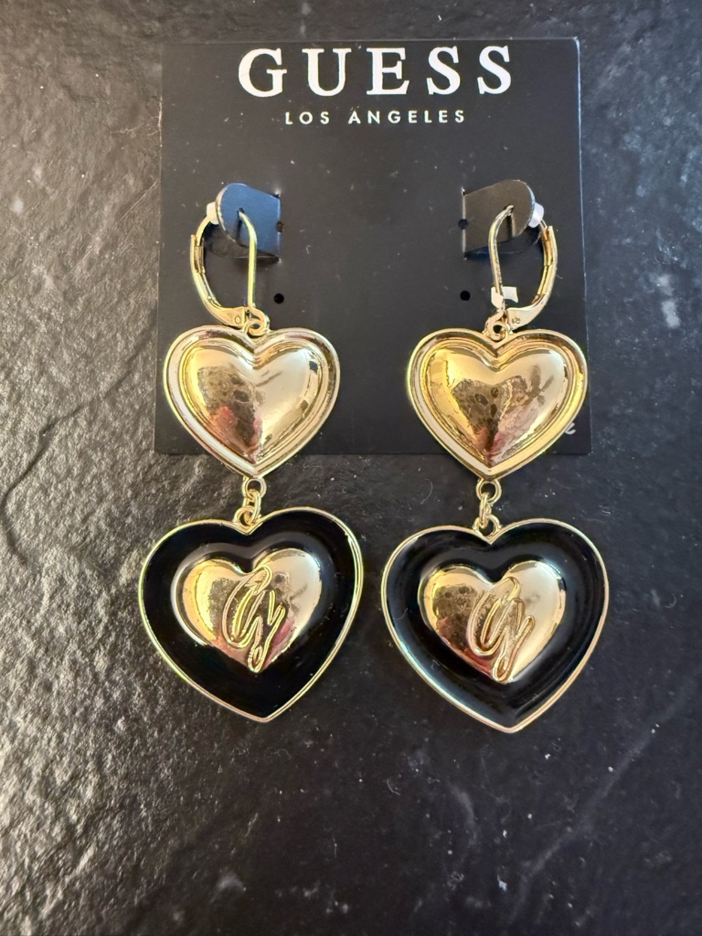 GUESS Gold and Black Heart Drop Earrings